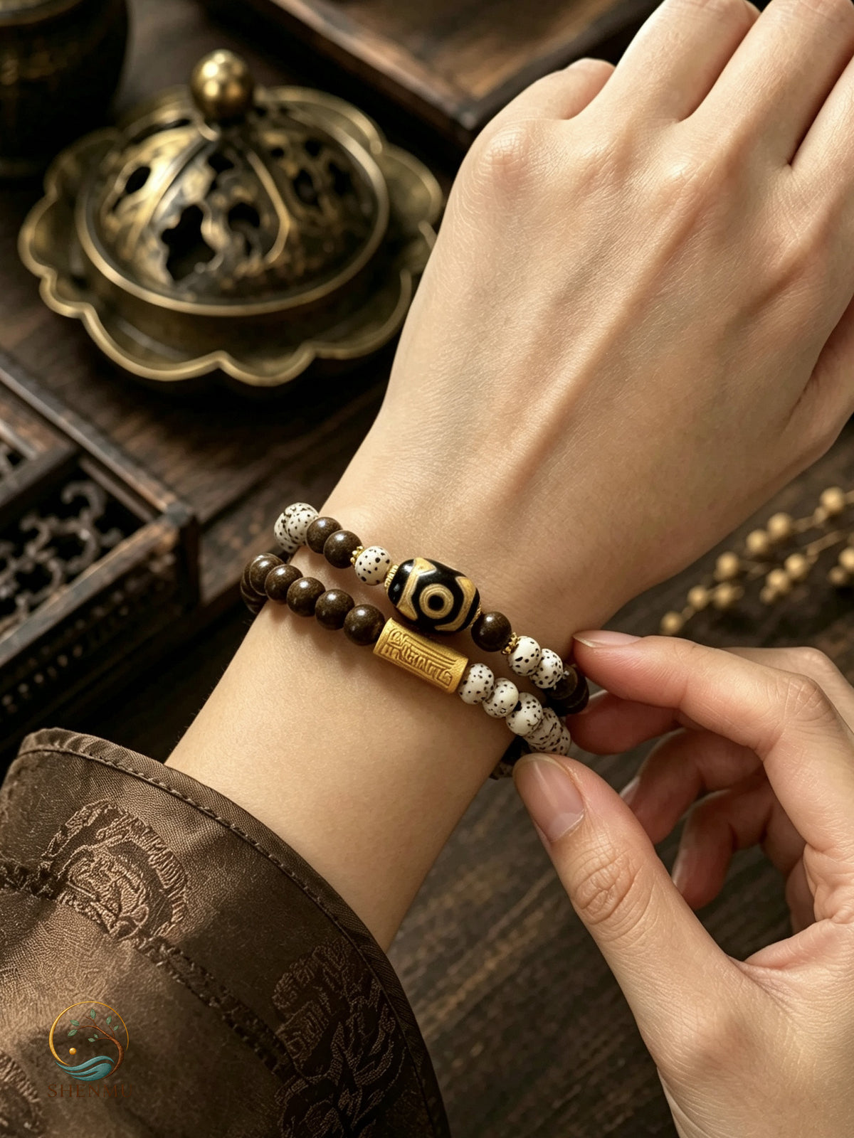 Ancient Orbit Double-Wrap Bodhi & Botanical Bead Bracelet