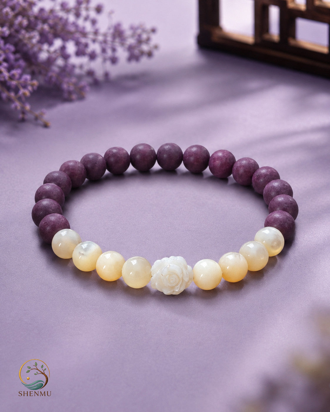 Purple Veil — Botanical Aroma Wood & Mother-of-Pearl Bracelet