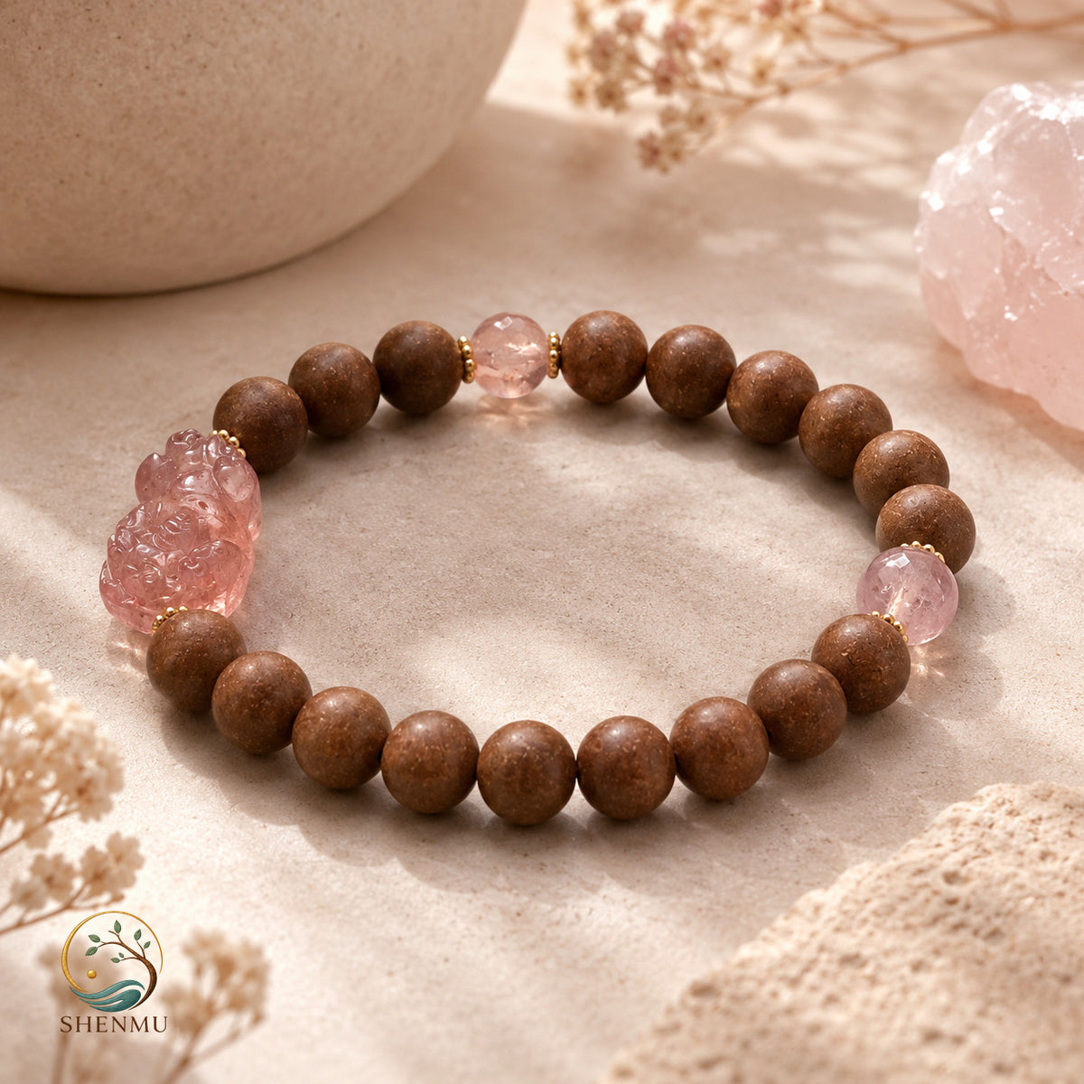 Rose Fortune — Rose Quartz Pixiu & Botanical Aroma Bracelet