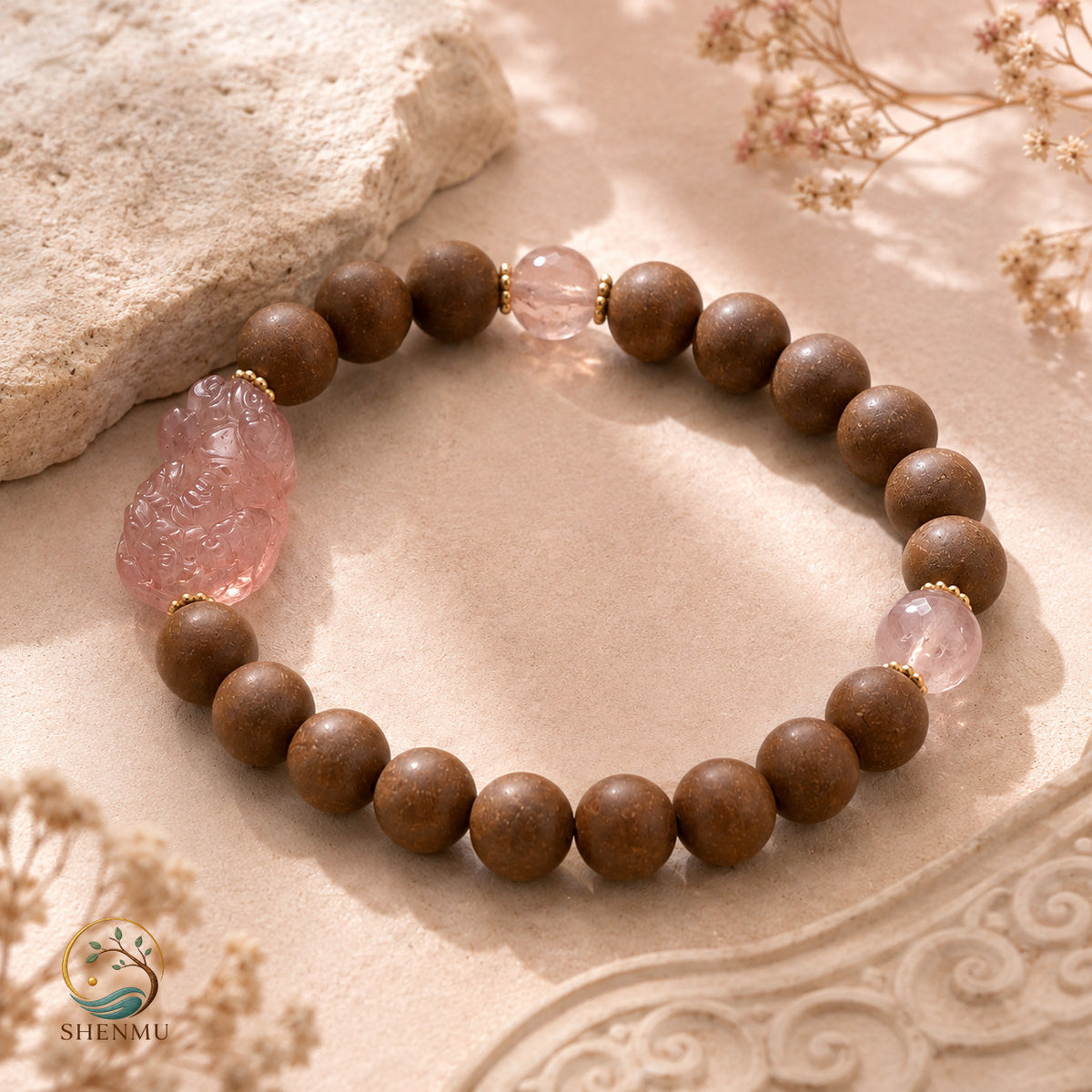 Rose Fortune — Rose Quartz Pixiu & Botanical Aroma Bracelet