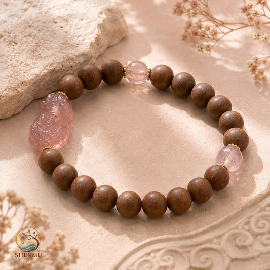 Rose Fortune — Rose Quartz Pixiu & Botanical Aroma Bracelet