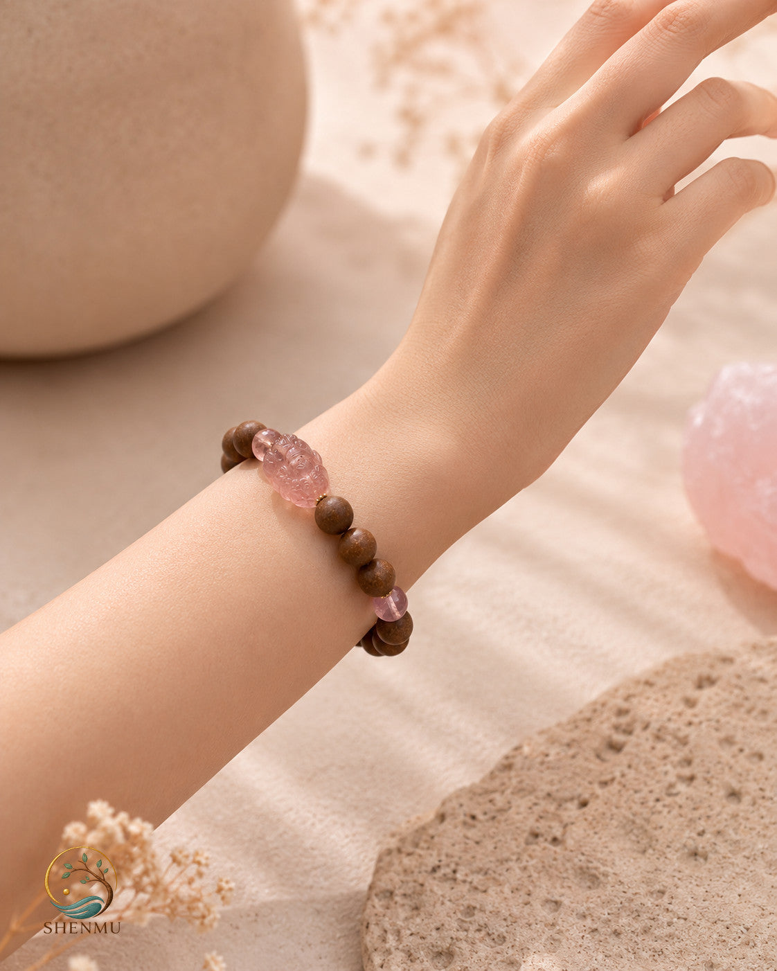 Rose Fortune — Rose Quartz Pixiu & Botanical Aroma Bracelet
