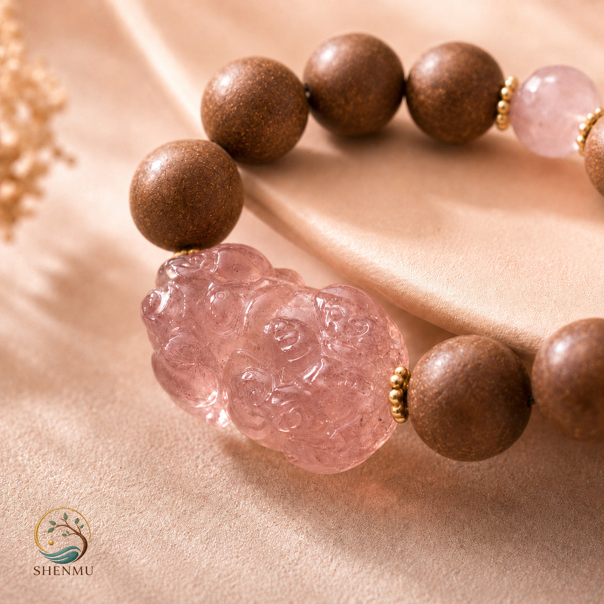 Rose Fortune — Rose Quartz Pixiu & Botanical Aroma Bracelet