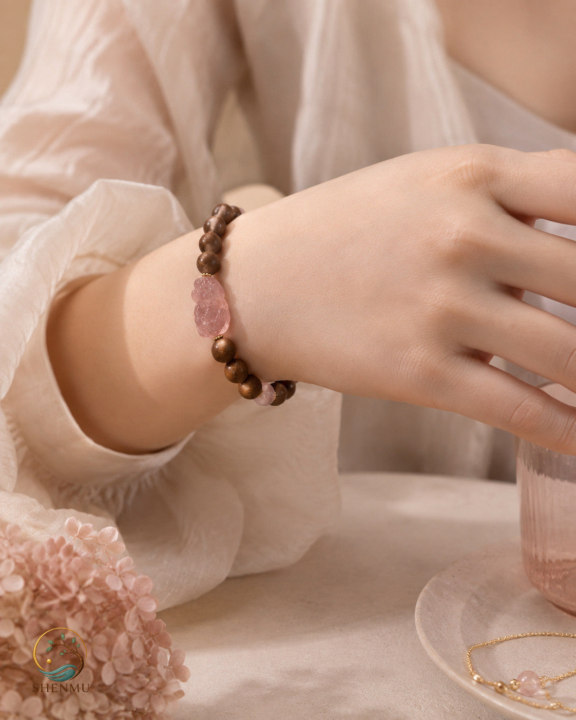 Rose Fortune — Rose Quartz Pixiu & Botanical Aroma Bracelet